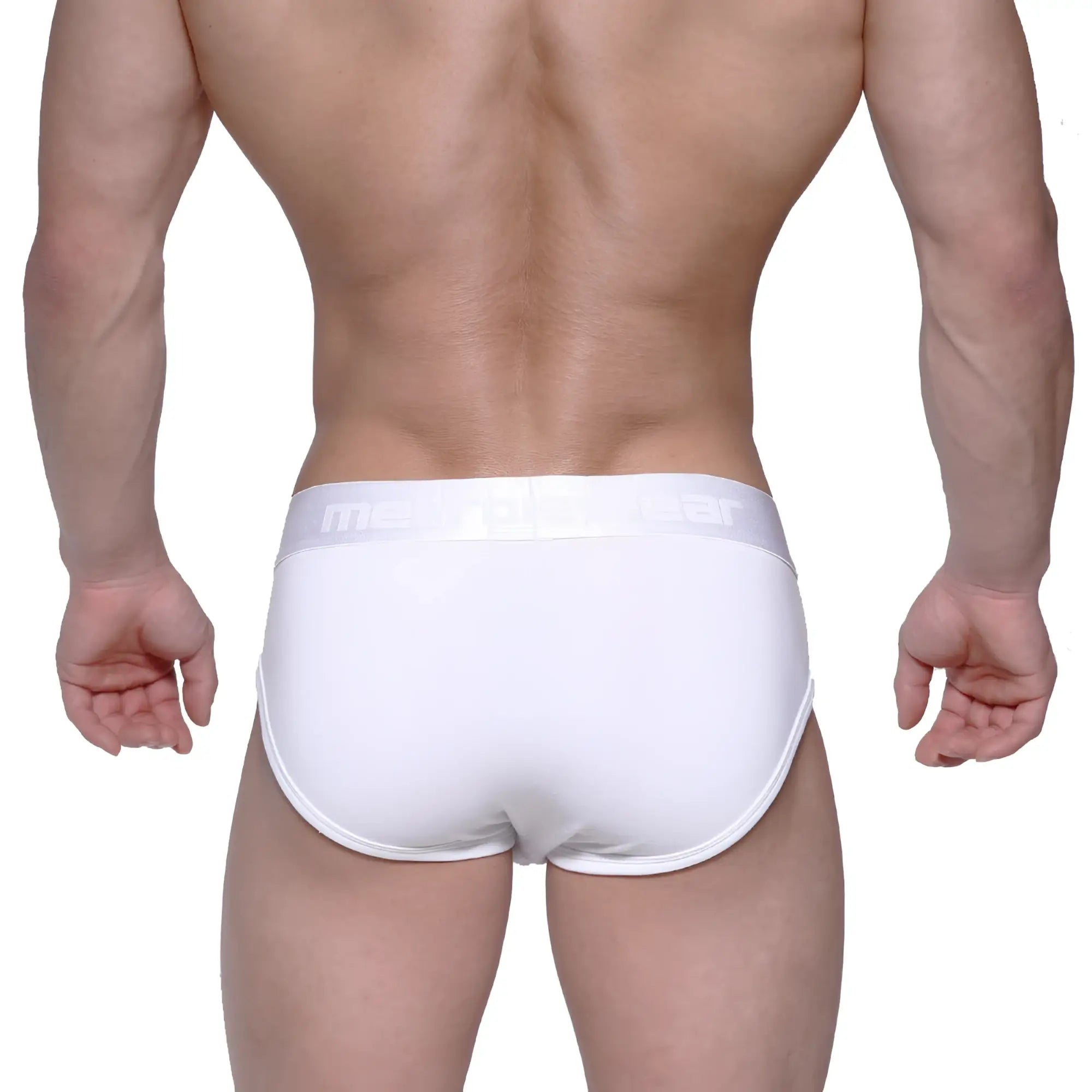 White MetroMaleWear Profile Hip Briefs with subtle elastic waistband featuring men’s branding in light gray lettering