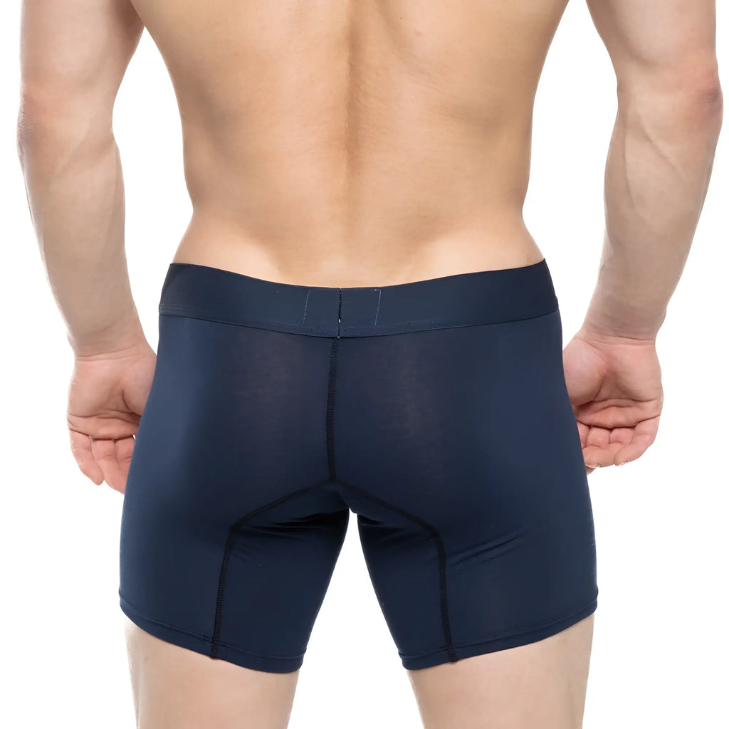 Navy blue MetroMaleWear Profundo mid boxer briefs with snug fit and reinforced seams for athletic use