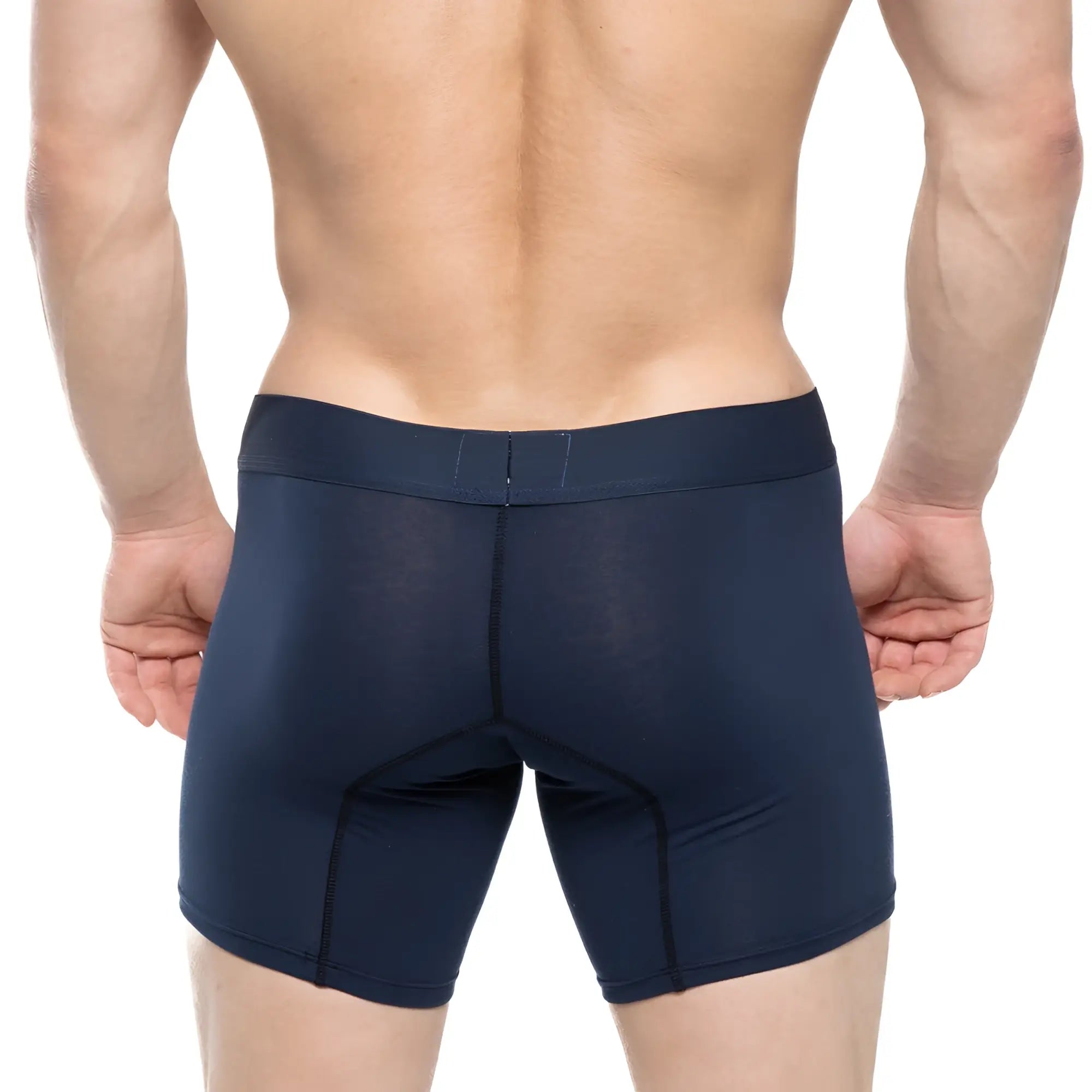 Navy blue MetroMaleWear Profundo mid boxer briefs with snug fit and reinforced seams for athletic use
