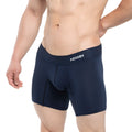 Navy blue metro malewear profundo mid boxer briefs with white logo waistband in 10 inch length