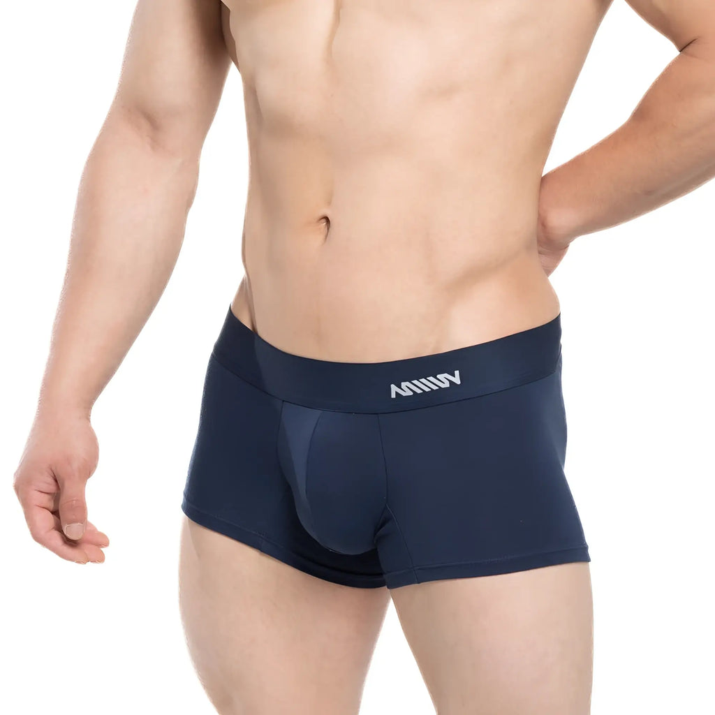 Navy blue MetroMaleWear Profundo short boxer briefs with supportive pouch and white logo on waistband