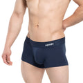 Navy blue MetroMaleWear Profundo short boxer briefs with supportive pouch and white logo on waistband