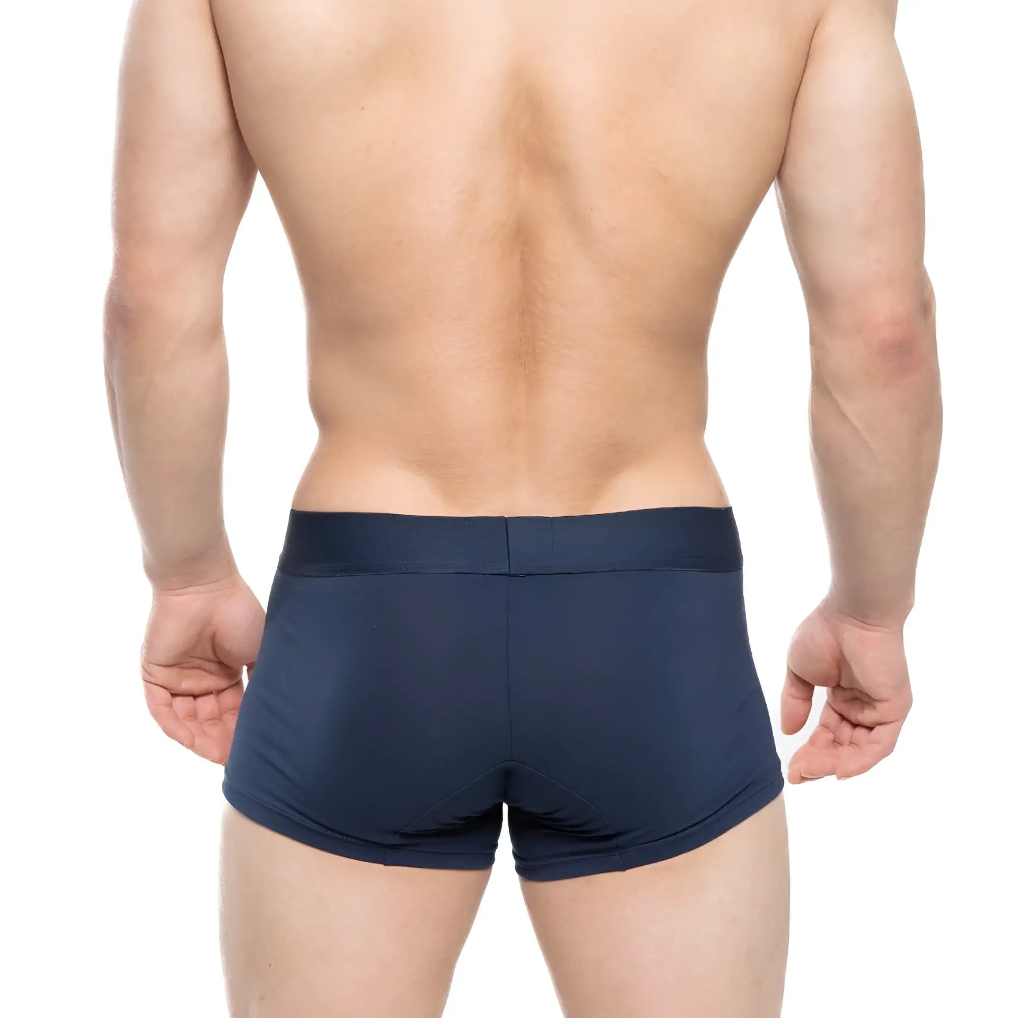 Navy blue MetroMaleWear Profundo short boxer briefs with smooth form-fitting fabric and minimalist design front view