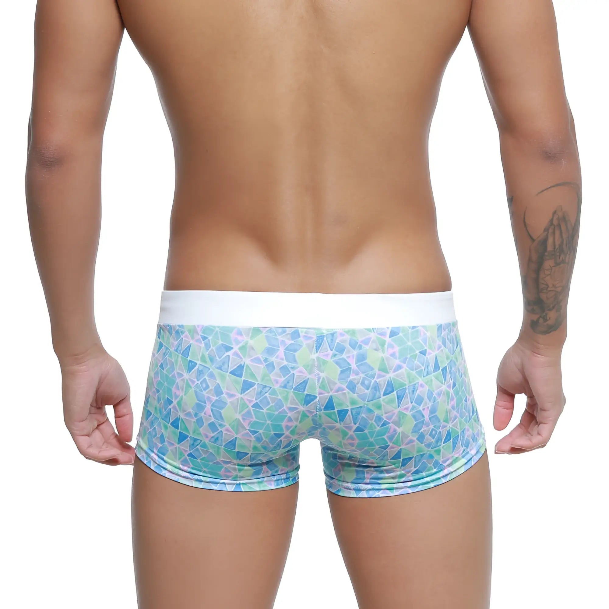 Metro-malewear profundo swim boxer briefs glass 4986-62 with blue and green geometric pattern and white waistband