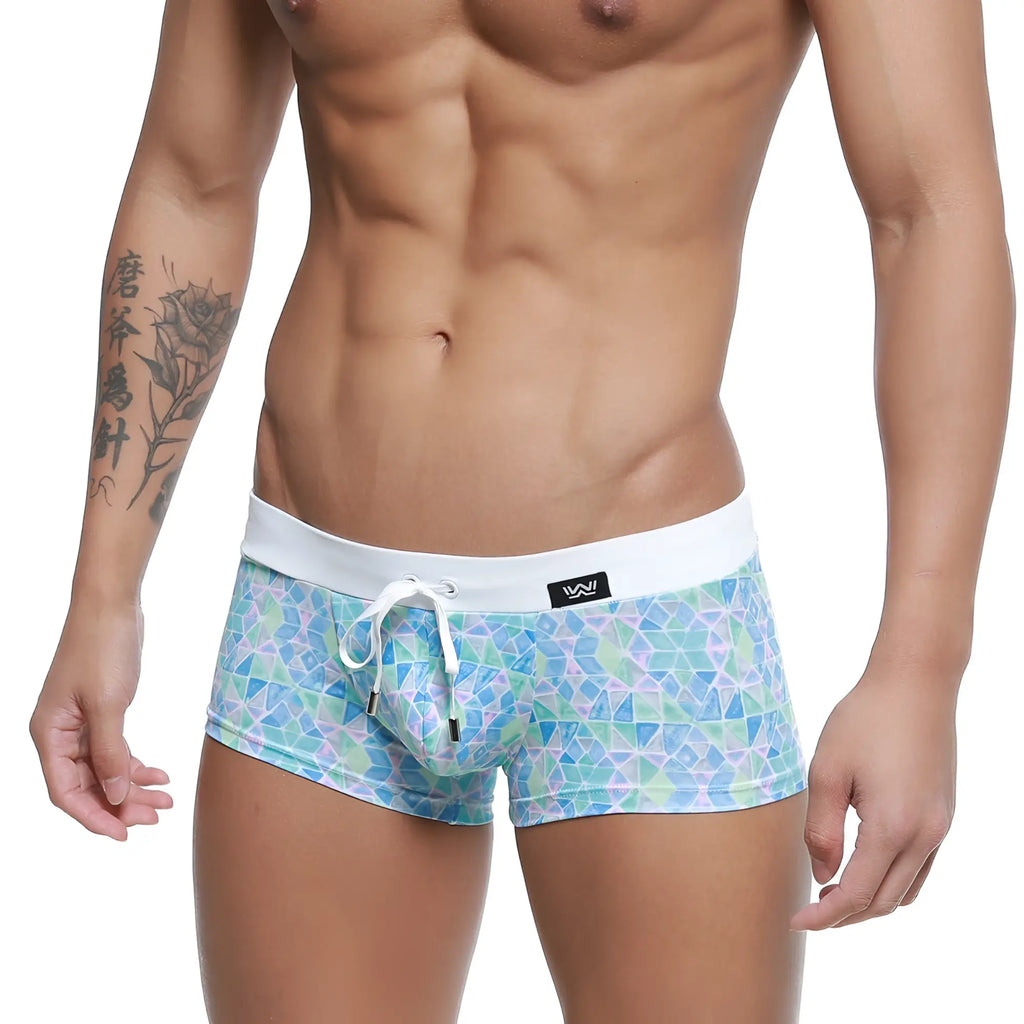 MetroMaleWear Profundo swim boxer briefs glass 4986-62 in blue and green geometric pattern with white waistband and drawstring