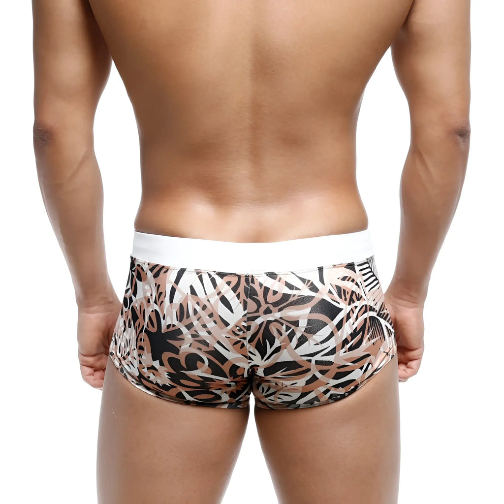 MetroMaleWear Profundo swim boxer briefs with black beige and white abstract leaf pattern and solid white waistband
