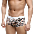 MetroMaleWear Profundo swim boxer briefs with black white beige abstract leaf pattern and white elastic waistband with drawstring