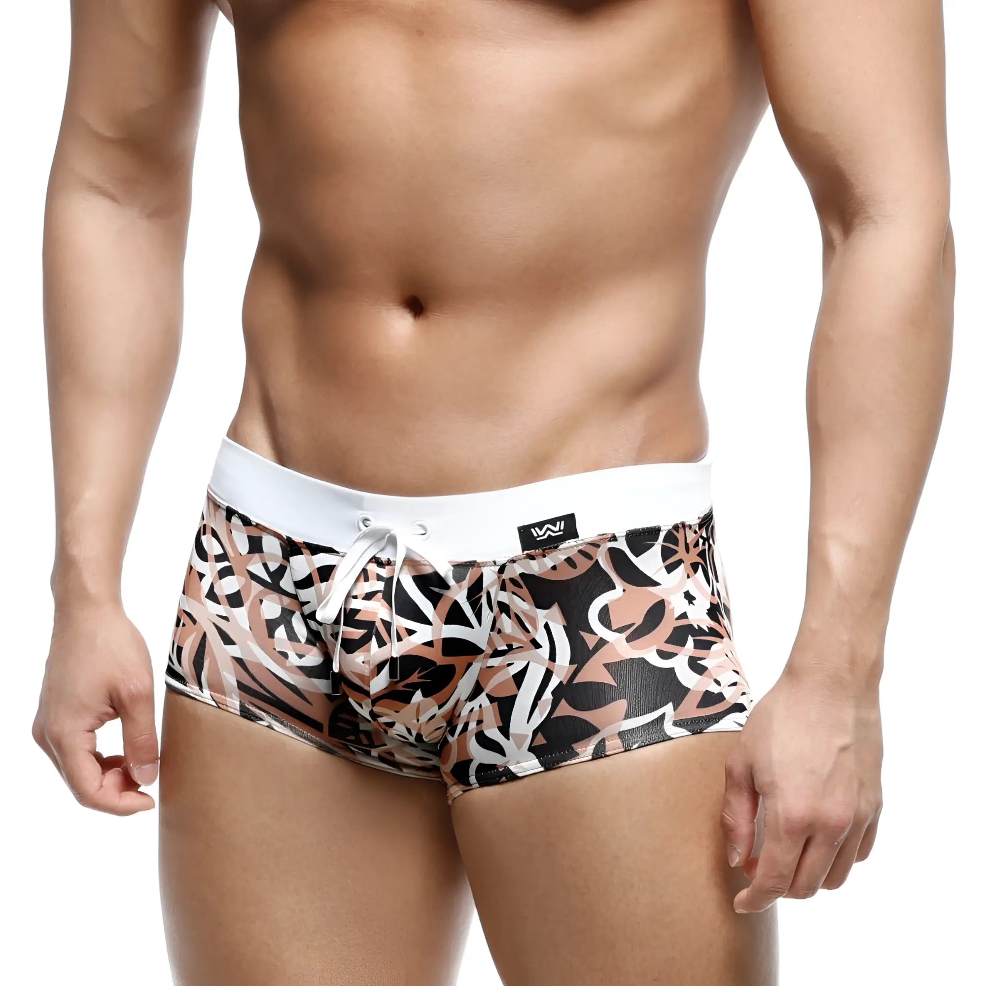 MetroMaleWear Profundo swim boxer briefs with black white beige abstract leaf pattern and white elastic waistband with drawstring