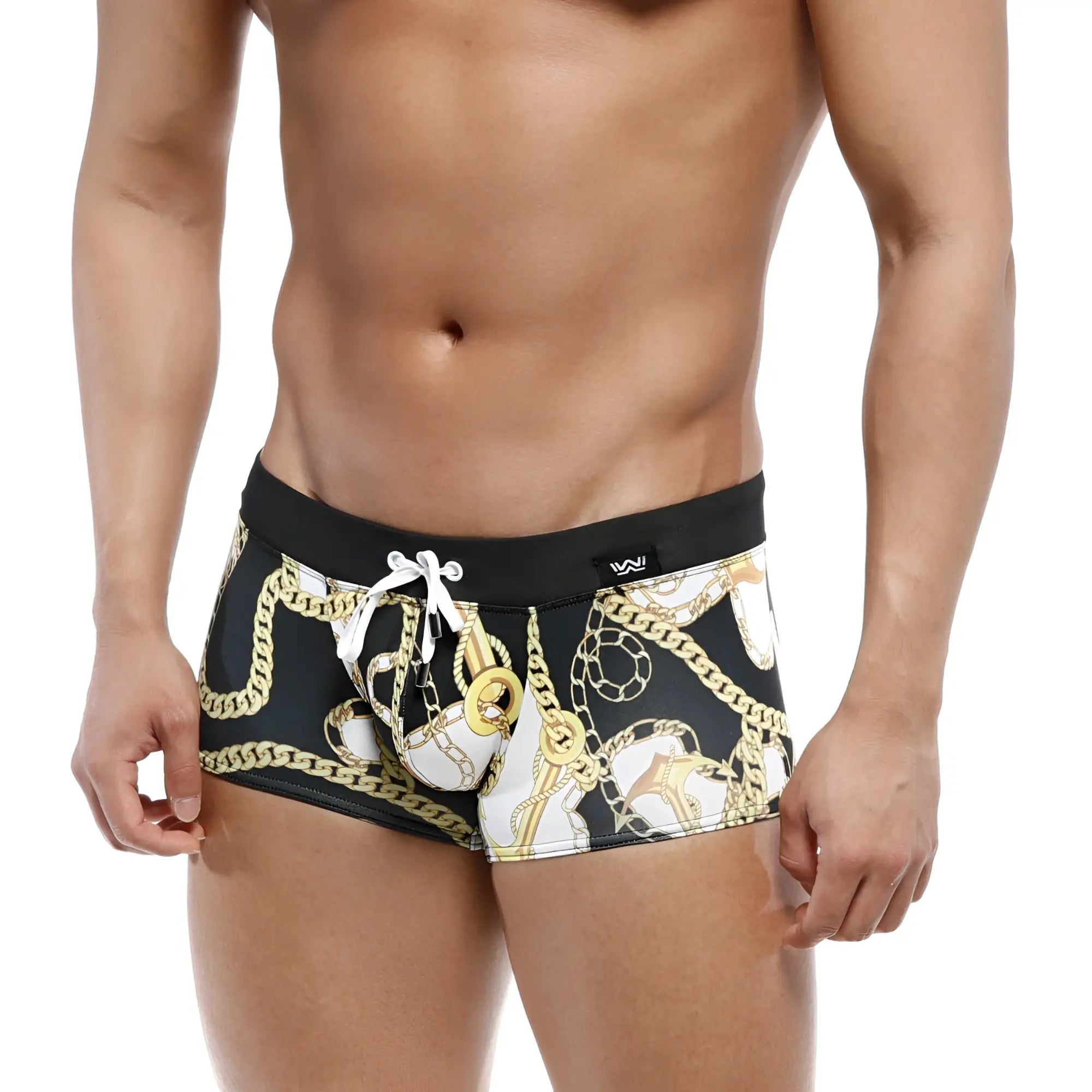 Black swim boxer briefs with bold gold and white chain pattern and contrasting waistband by MetroMaleWear Profundo