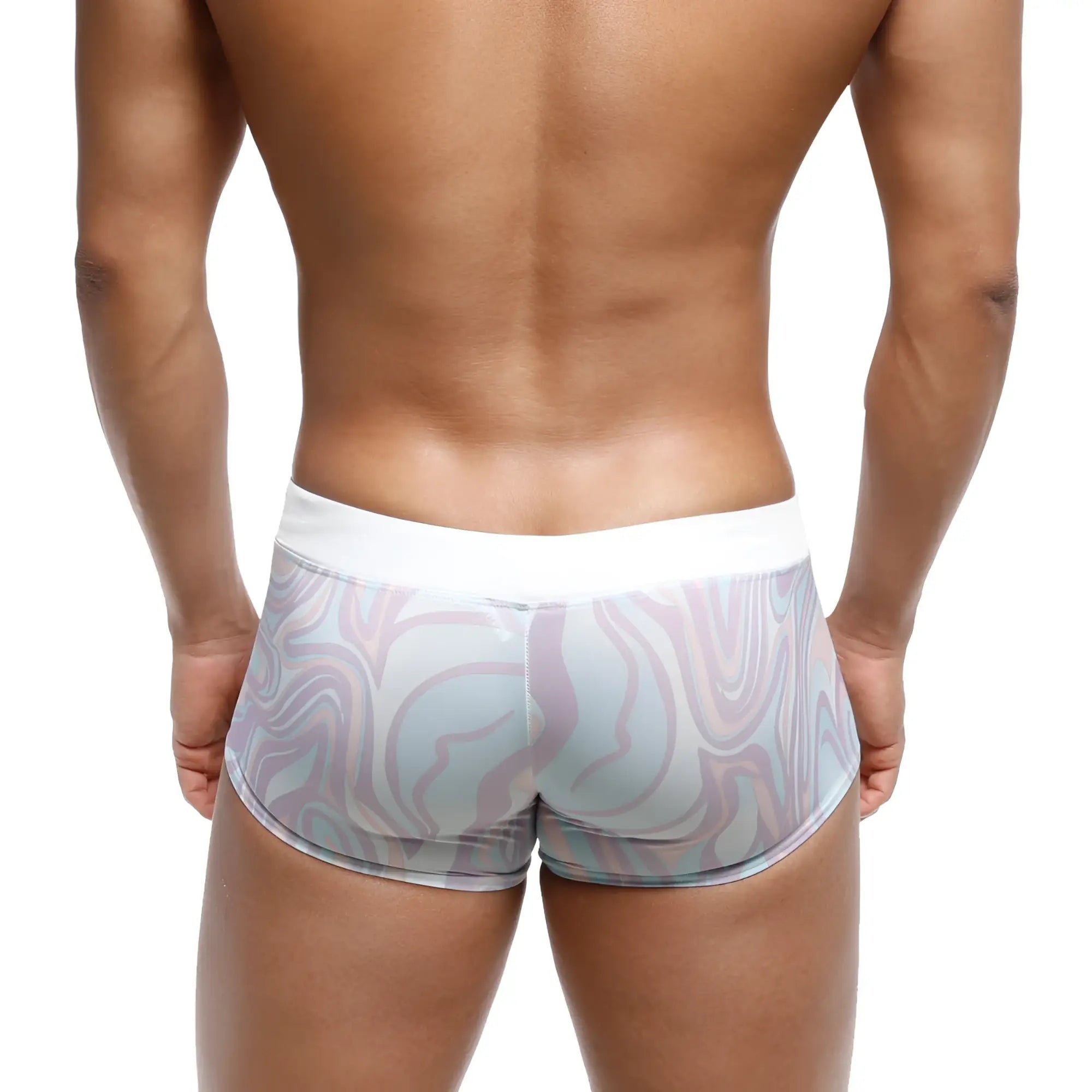 White waistband briefs with a flowing abstract pastel lavender and light blue pattern from MetroMaleWear Profundo Swim Boxer Briefs