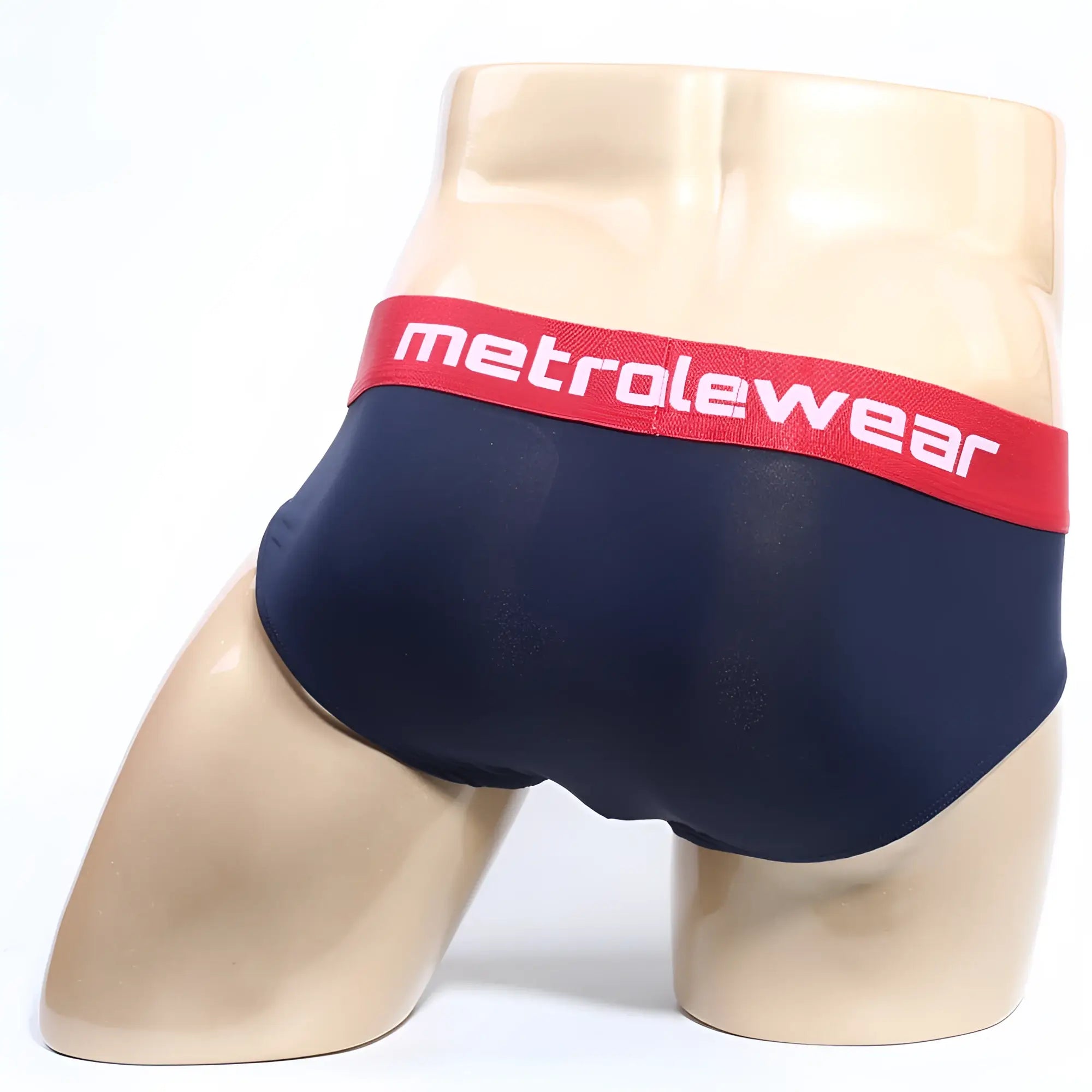 MetroMalewear Prostretch hip brief navy with red waistband and metrolwear logo in white lettering for comfortable fit
