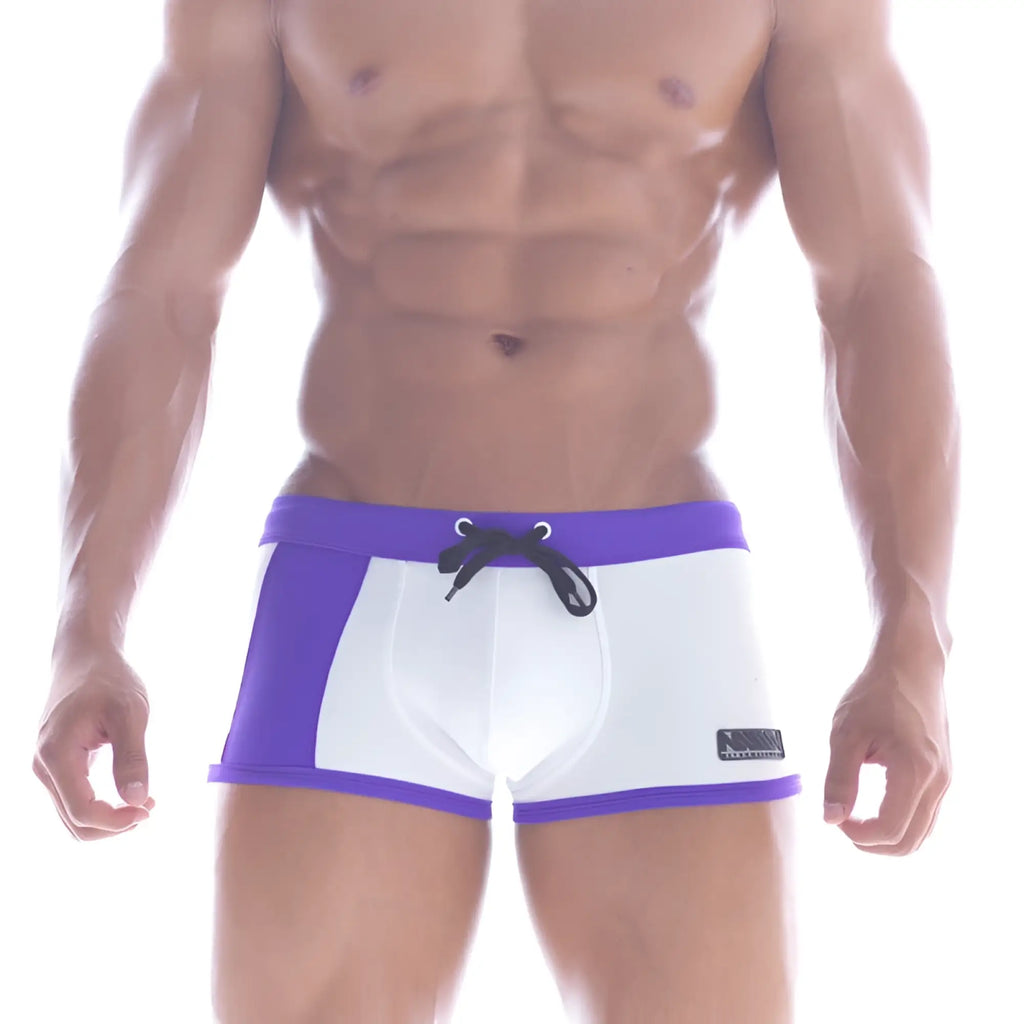 MetroMaleWear Provence swim boxer 4926-00 purple and white swim trunks with black drawstring waistband for swimming