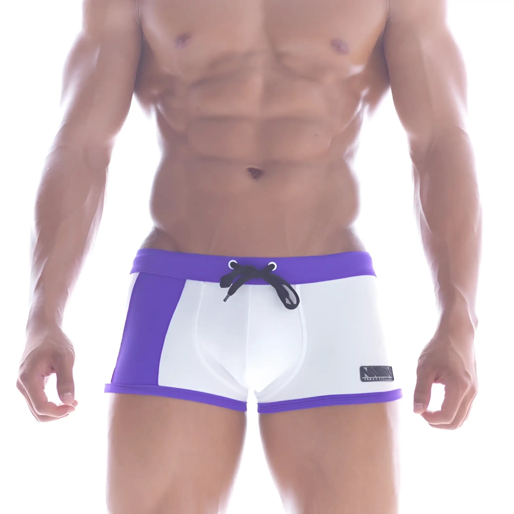 MetroMalewear provence swim boxer 4926-00 purple and white swim trunks with black drawstring waistband
