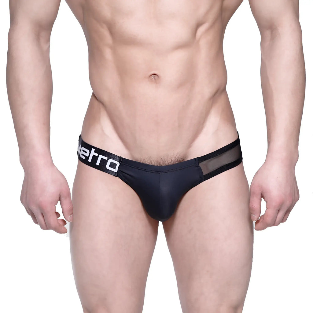 Black mens briefs metro male wear puente bikini with mesh panel and white metro branding on waistband in black