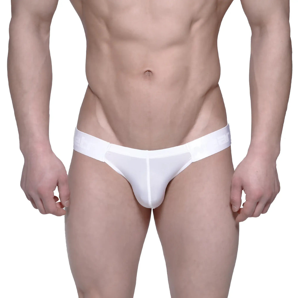 White seamless form-fitting men’s briefs with subtle waistband branding metro male wear puente bikini crystal 3603-03