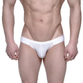 White seamless form-fitting men’s briefs with subtle waistband branding metro male wear puente bikini crystal 3603-03