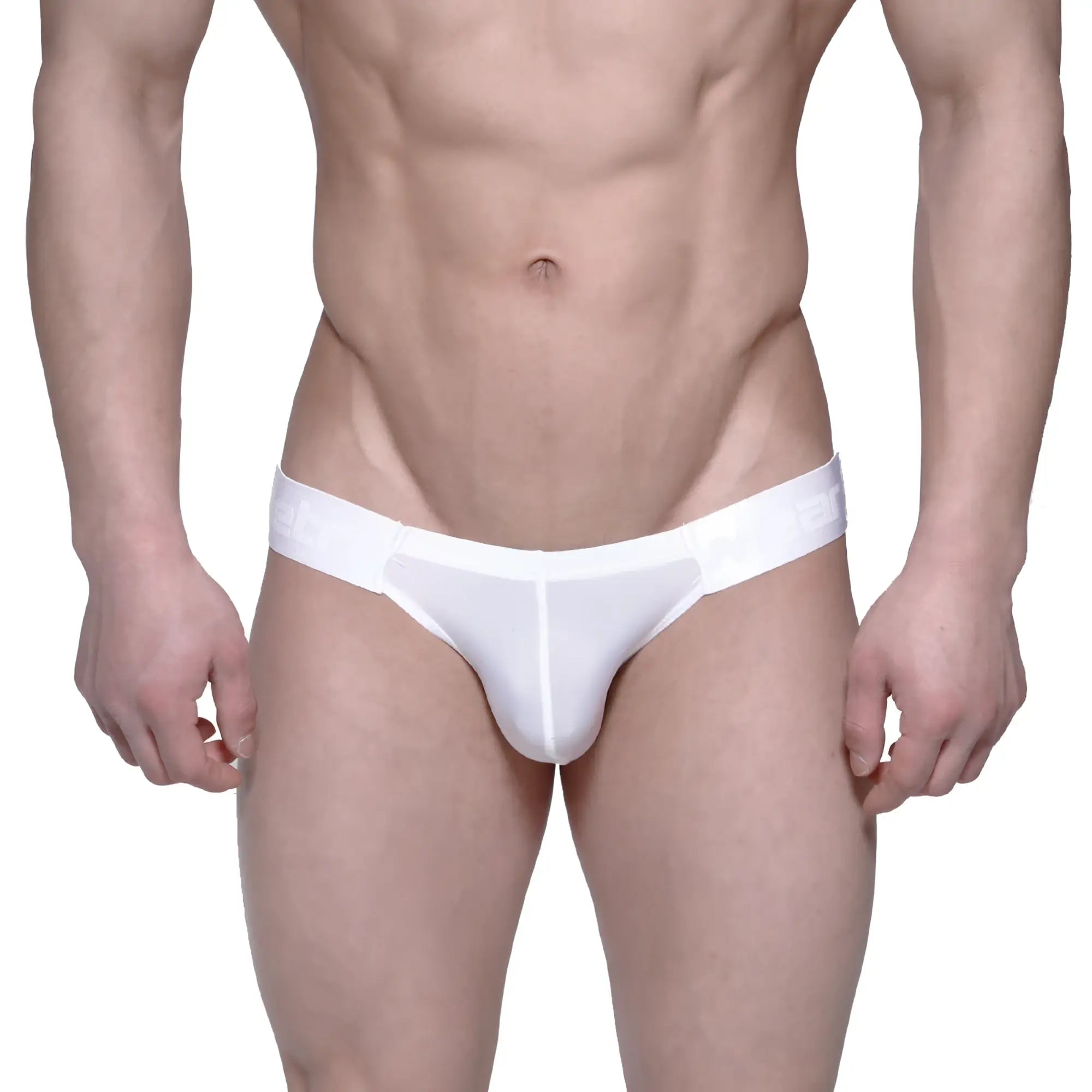 White seamless form-fitting men’s briefs with subtle waistband branding metro male wear puente bikini crystal 3603-03