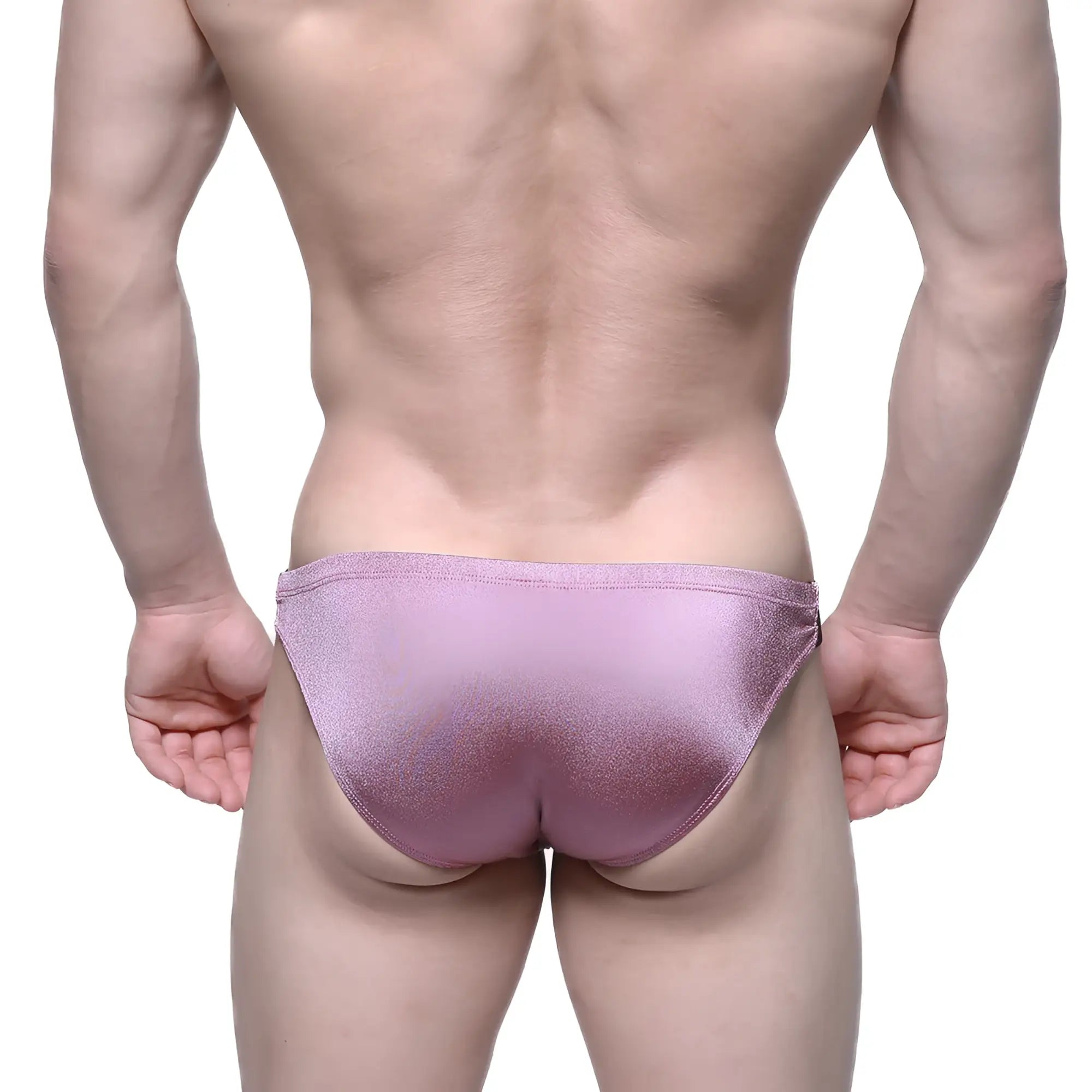 A shimmering lavender metallic Puente bikini with a sleek form-fitting design by MetroMaleWear in dusty pink