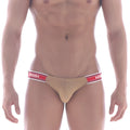 Beige men’s briefs with red and white avinov elastic waistband from metromalewear puente bikini gold 3603-21 collection