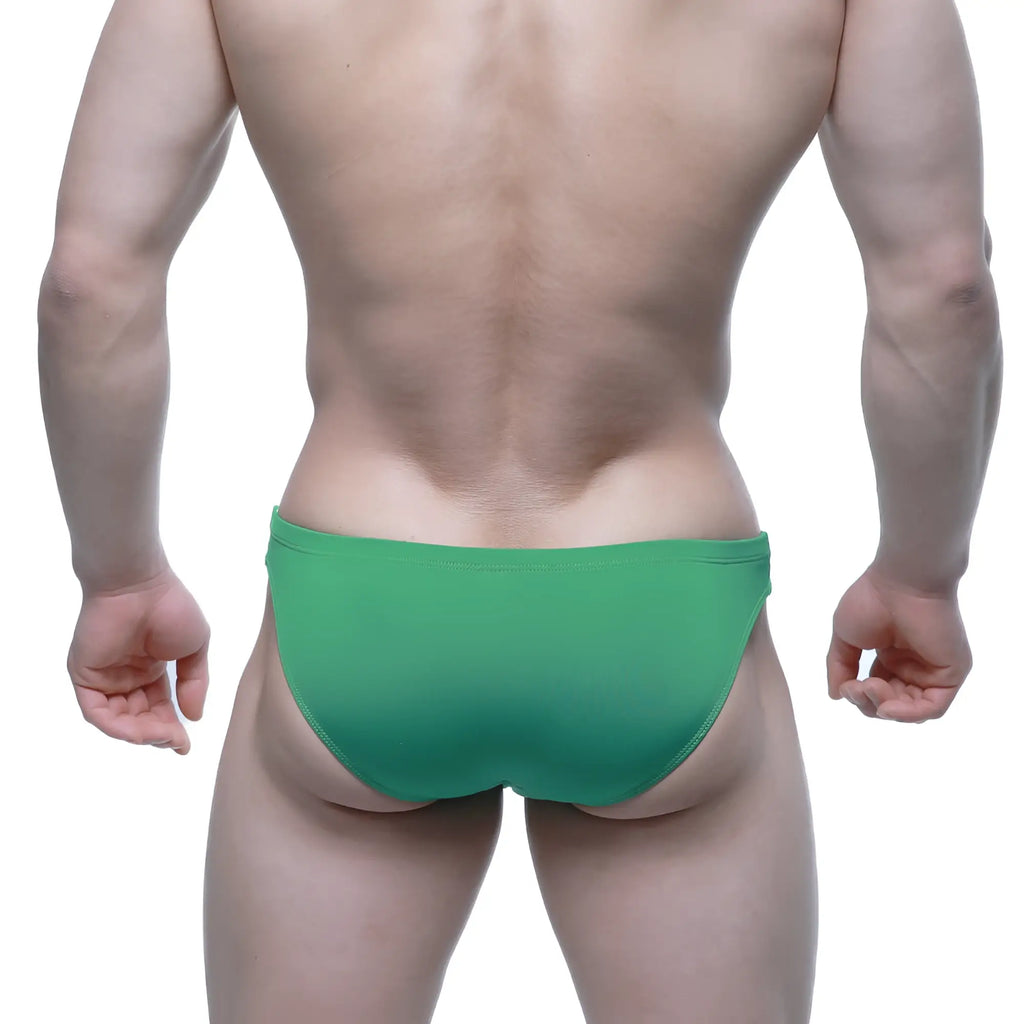 MetroMalewear puente bikini green briefs made of soft fabric shown from front view for comfortable wear