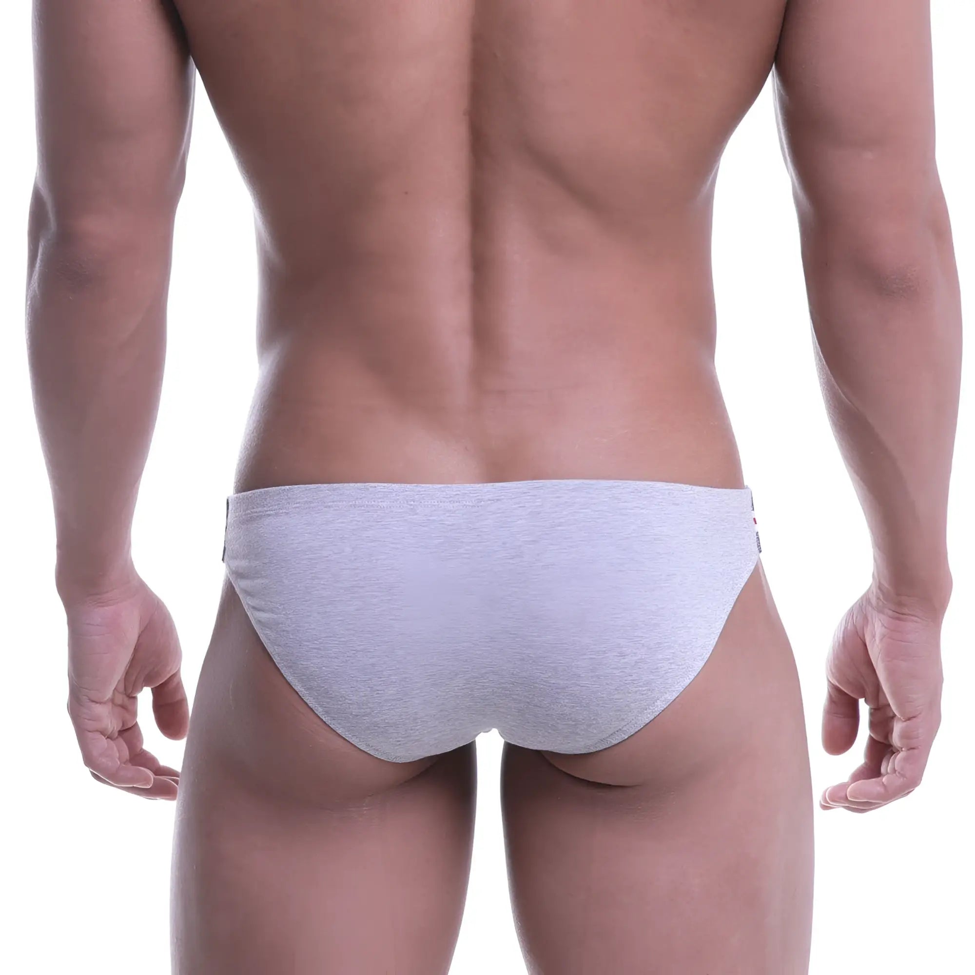 Metro male wear puente bikini briefs in grey heathered fabric with a subtle logo on the side