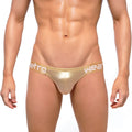 MetroMaleWear Puente bikini lujo gold metallic briefs with white metro wear branding on the waistband