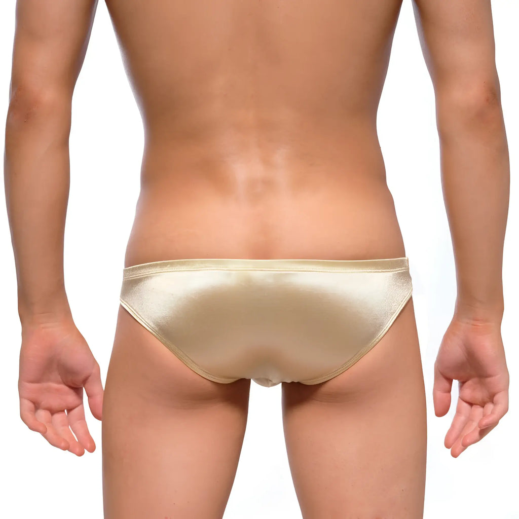 MetroMaleWear Puente Bikini Lujos 3603-22 metallic gold satin brief with smooth shiny finish and clean stitching