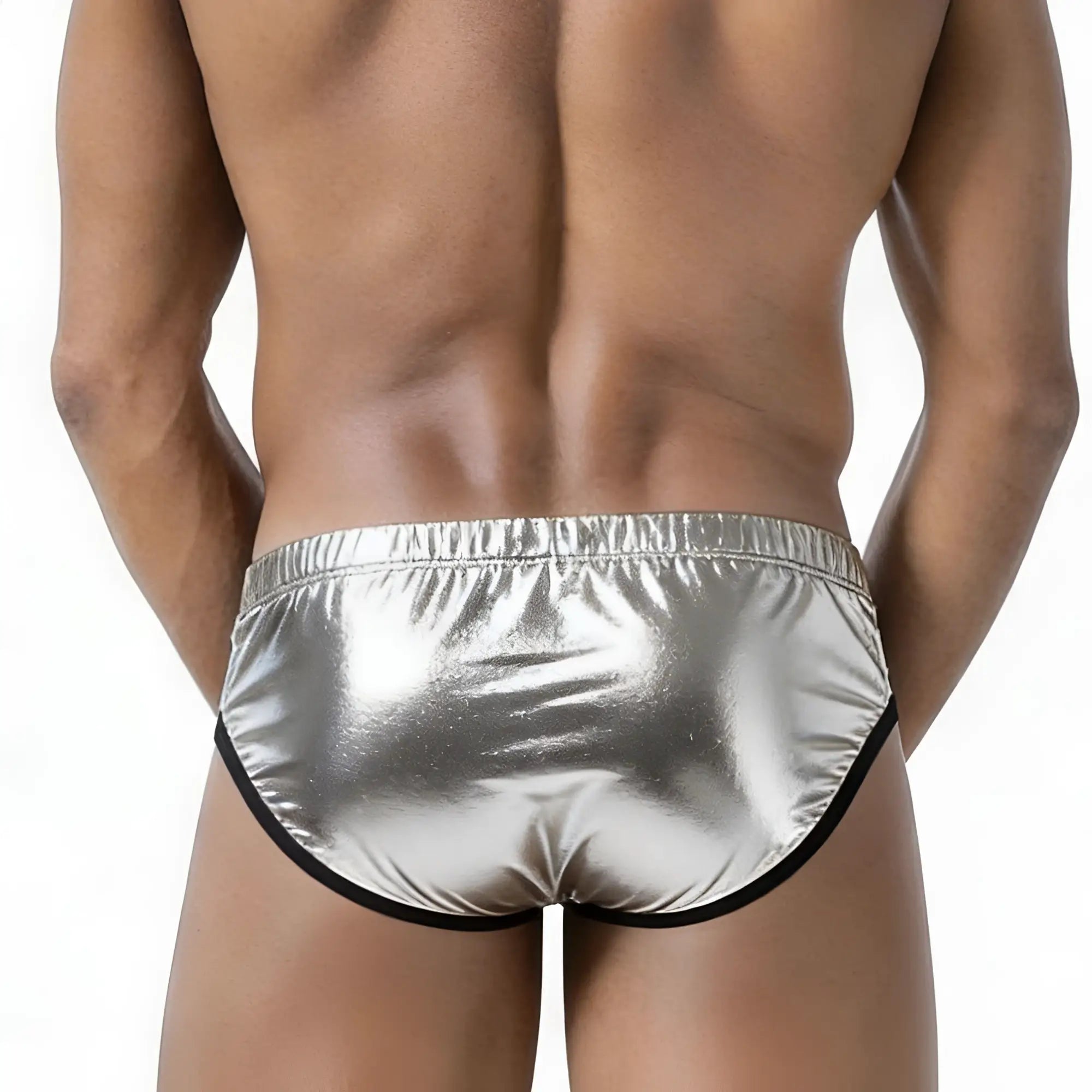 Shiny silver metallic briefs with black trim from metromalewear puente bikini metalic silver 3603-m10 product line