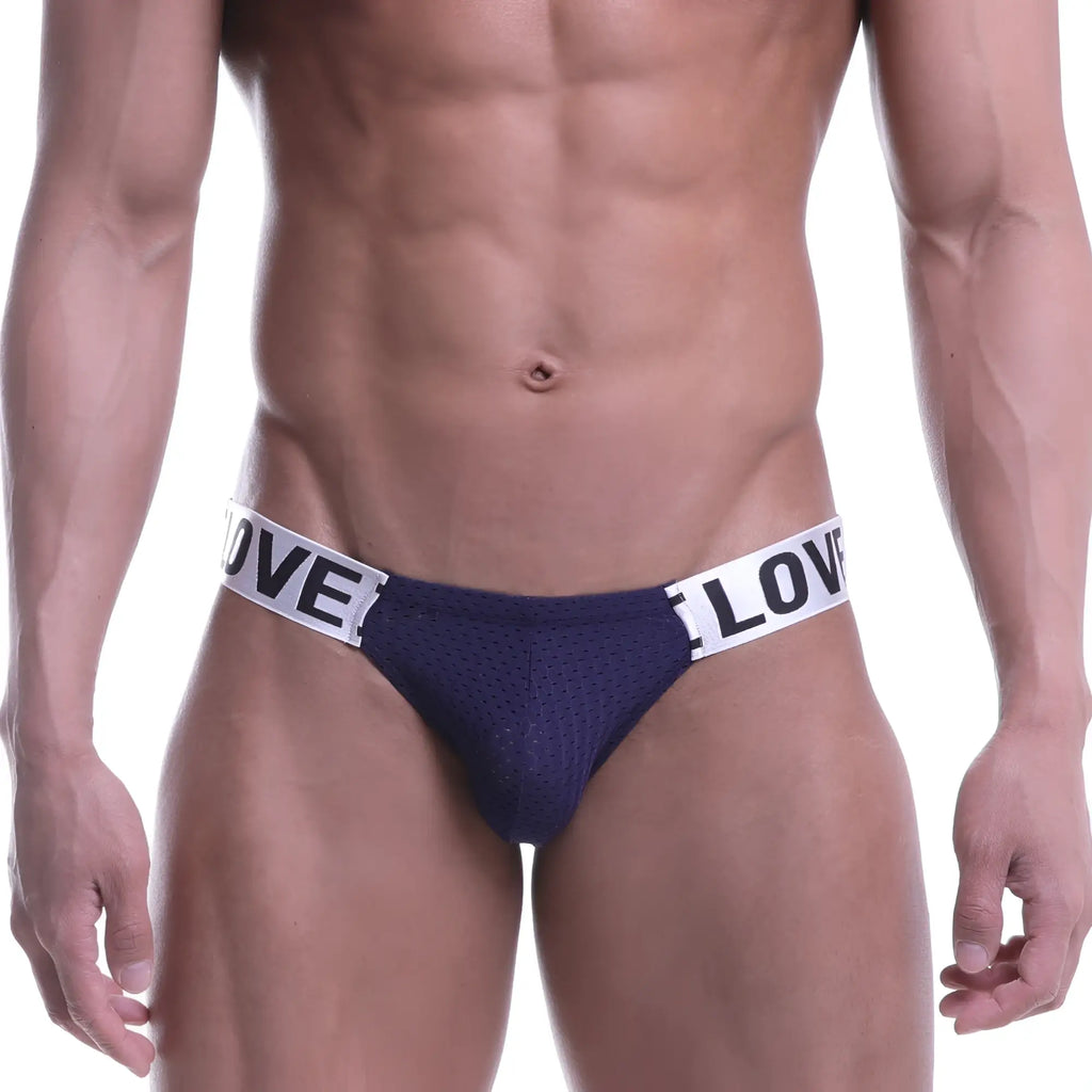Navymalewear puente bikini navy 3603-28 navy blue mesh briefs with white elastic waistband featuring love text
