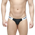 Black briefs with white elastic waistband and bold black logo from metromalewear puente bikini passion 3603-43