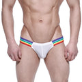White athletic briefs with rainbow-striped elastic waistband from metromalewear puente bikini 3603-01