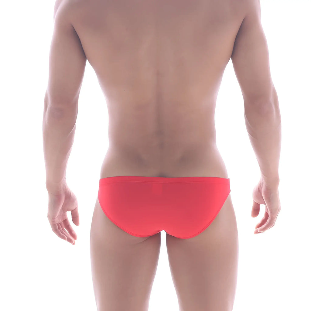 MetroMaleWear Puente bikini red swim trunks are bright red and form fitting for stylish swimwear use