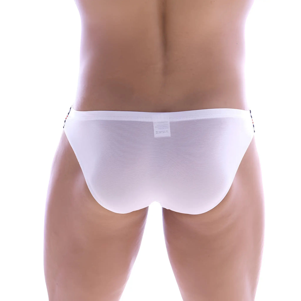 White mesh briefs with subtle ribbed texture and black waistband trim from metromalewear puente bikini stars 3603-35