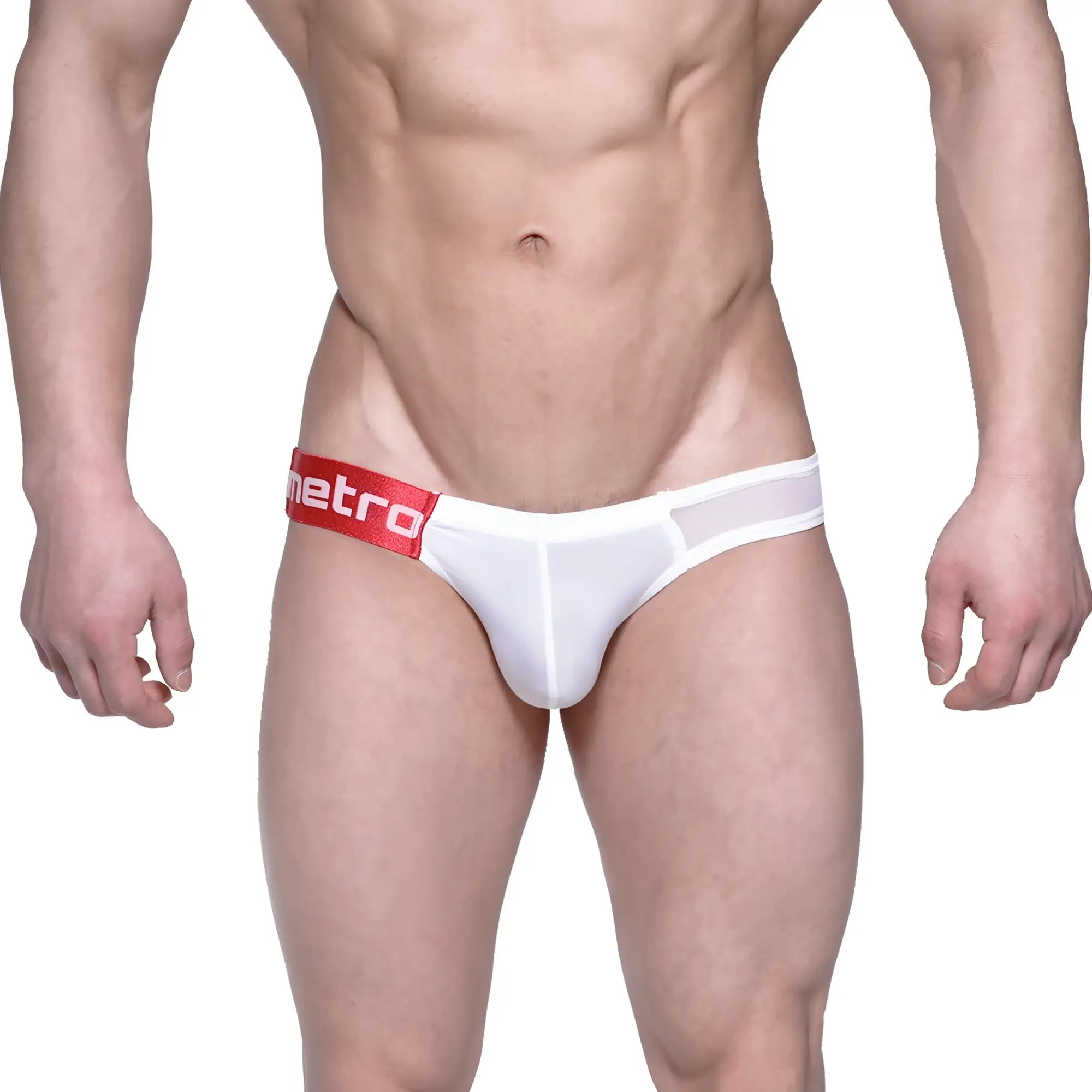 White men’s briefs with red waistband and metro logo made of mesh in the metromalewear puente bikini 3603-50 style