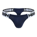 Navy blue MetroMaleWear Puente thong with white elastic waistband and bold black w logos showing front side