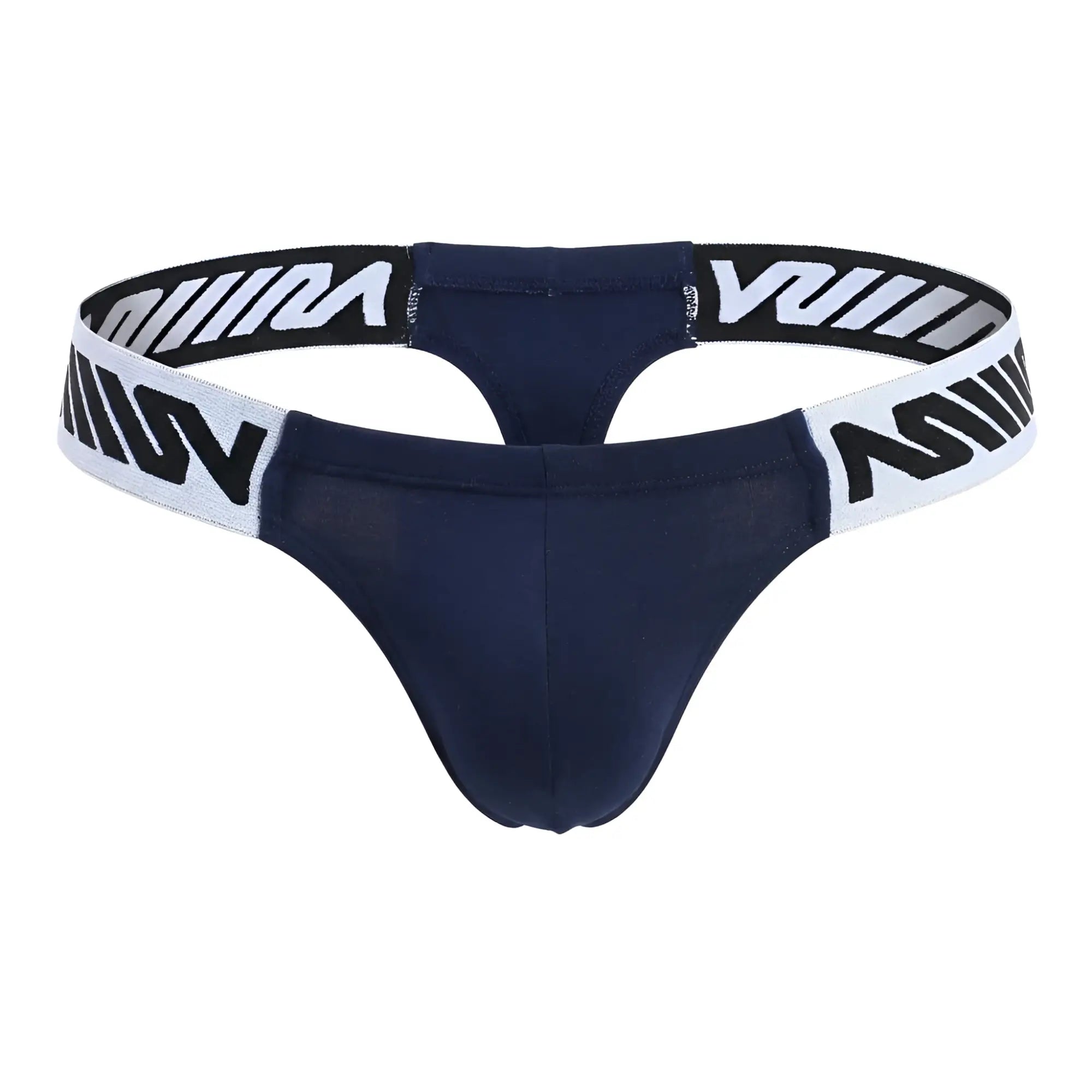 Navy blue MetroMaleWear Puente thong with white elastic waistband and bold black w logos showing front side