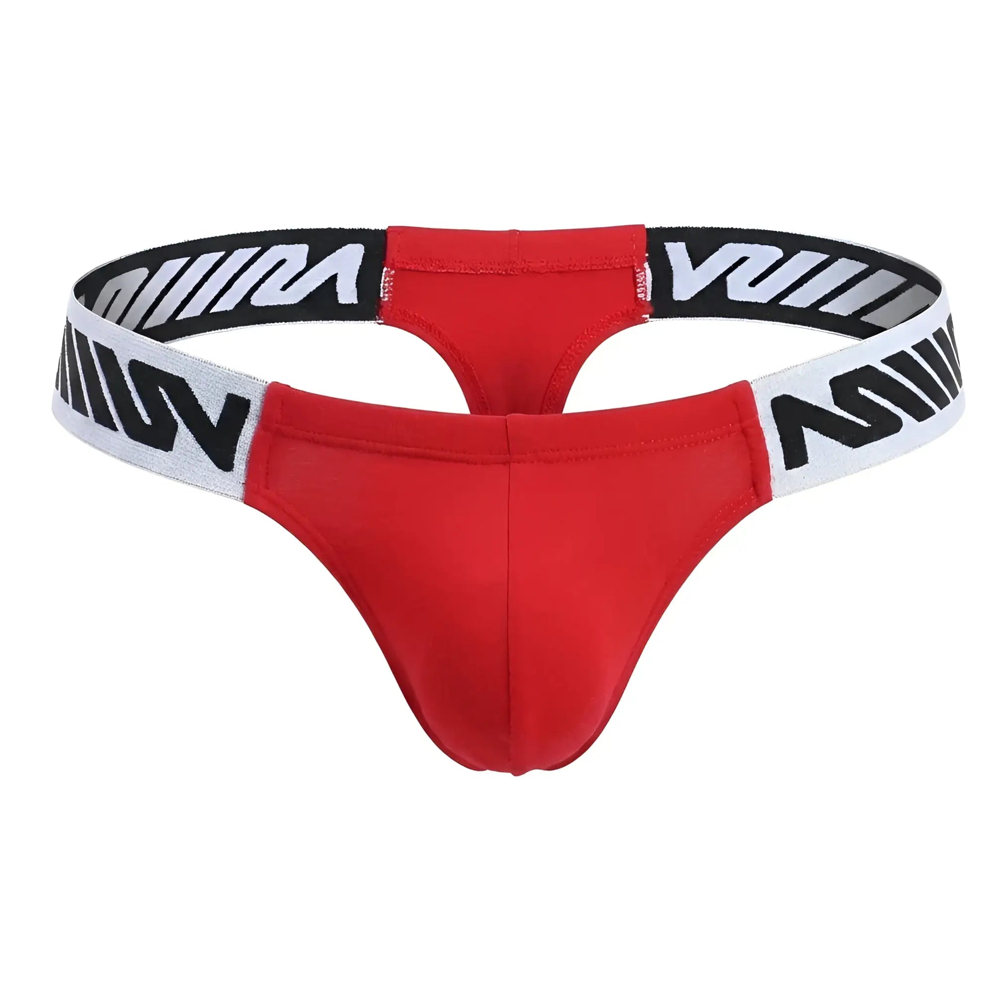 Red thong with black and white striped waistband featuring bold stylized lettering from metromalewear puente 3602-13