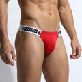 MetroMaleWear Puente thong red men’s briefs with a white waistband featuring black lettering front side view