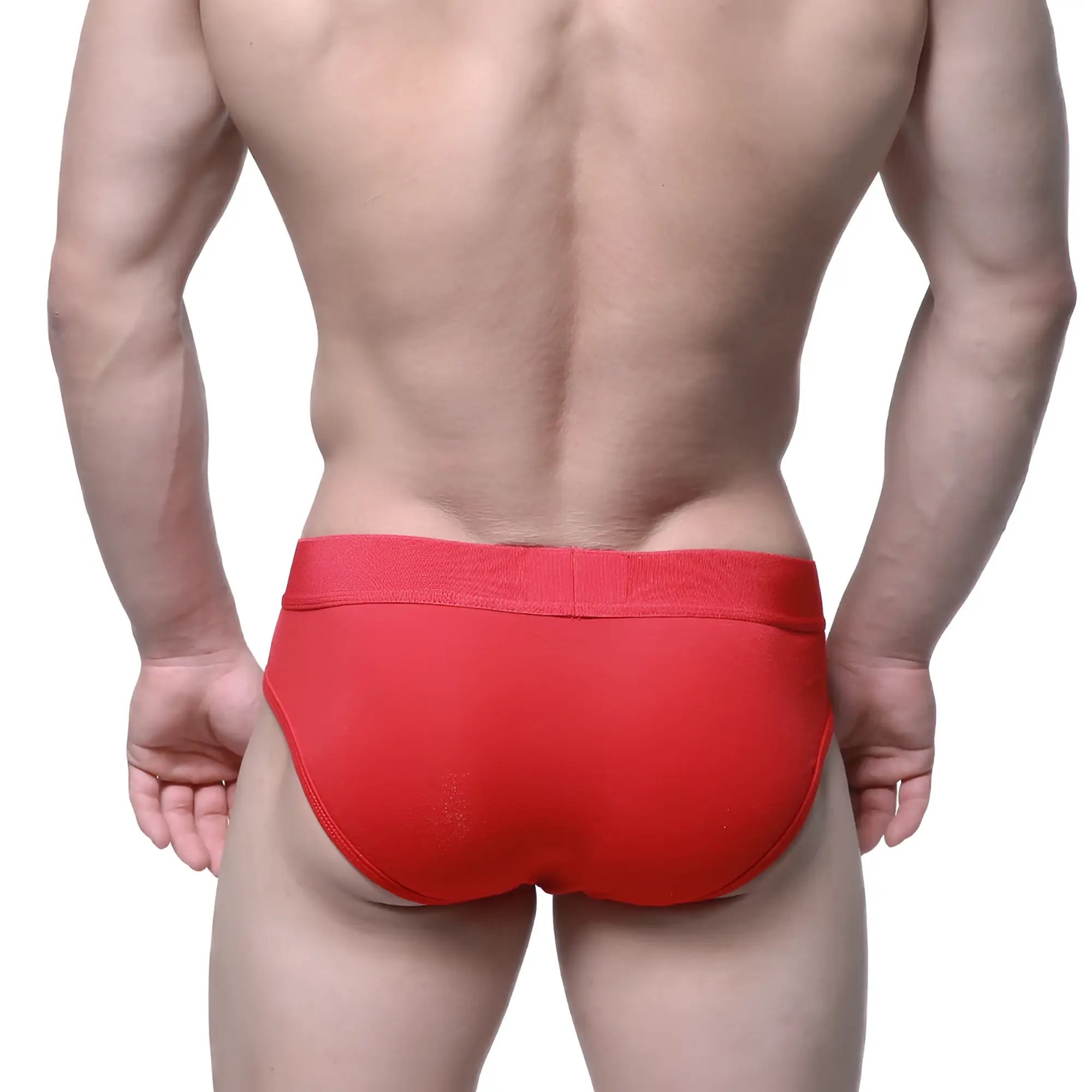 Red MetroMaleWear pull down hip brief with a snug elastic waistband designed for athletic support and comfort