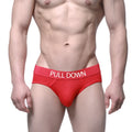 Red metro male wear pull down hip briefs with white waistband lettering designed for comfortable support