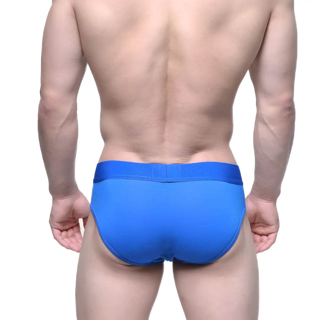 Bright blue MetroMaleWear pull down hip brief with smooth elastic waistband and form-fitting design