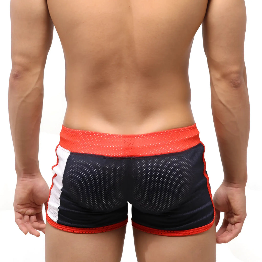 Metro male wear punch short navy 4709-28 black and red mesh athletic shorts with white stripes and orange waistband