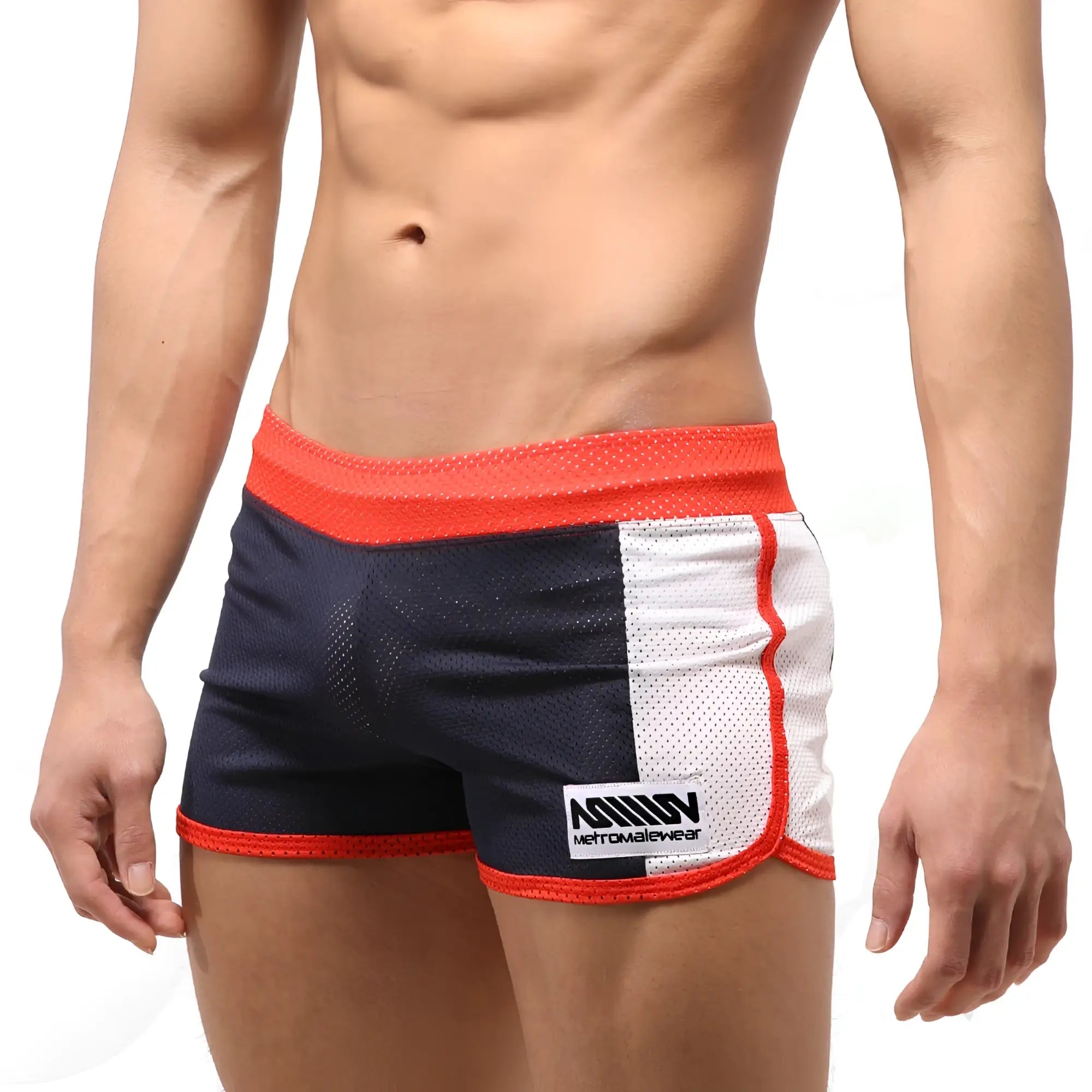 MetroMaleWear Punch short navy mesh athletic shorts with white and red trim and branded patch on the side