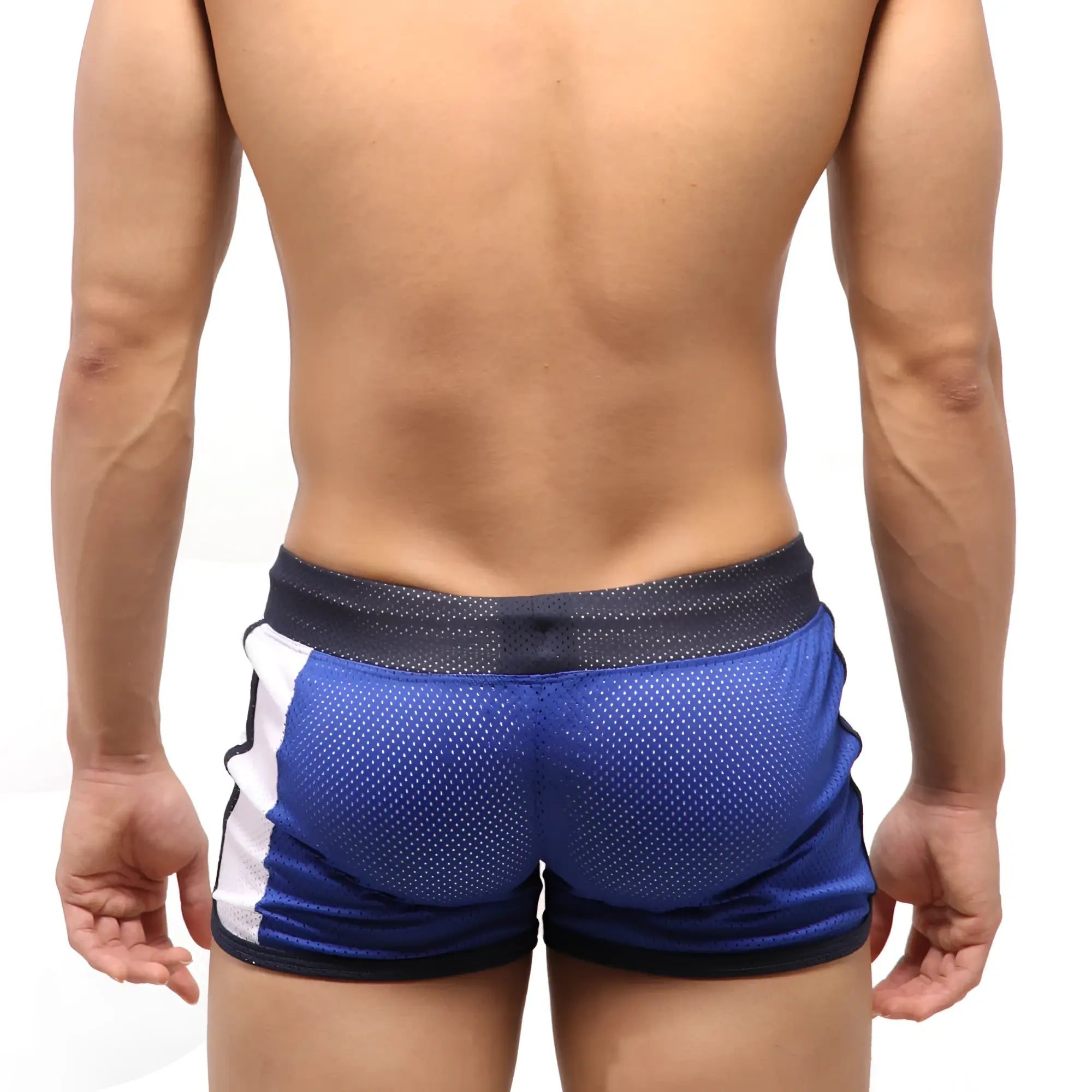 MetroMalewear punch short royal blue athletic shorts with blue mesh fabric white side panel and black waistband