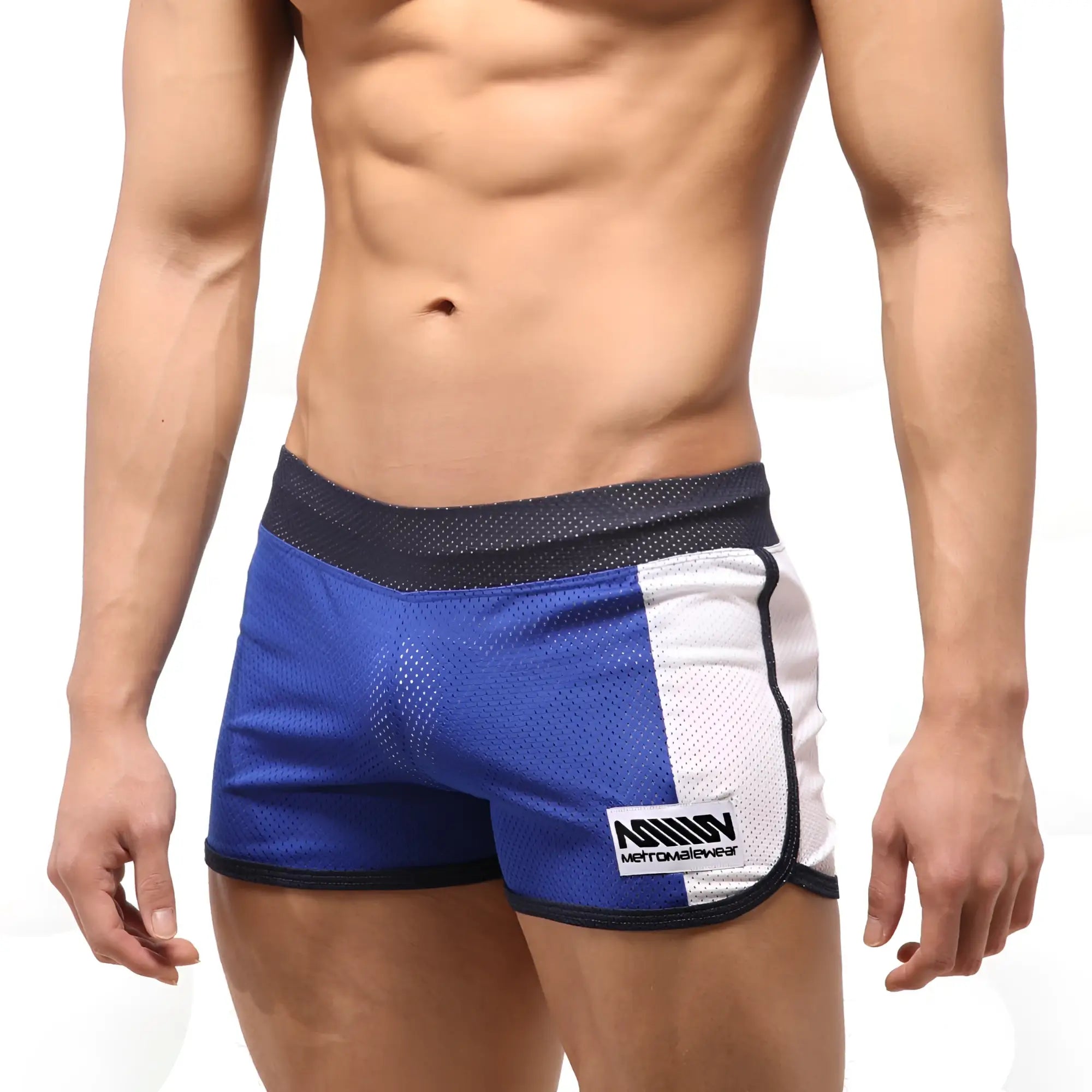 MetroMalewear punch short royal blue blue and white mesh athletic shorts with black trim and branded side patch