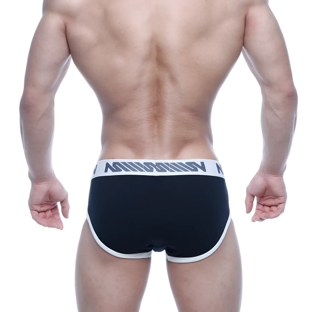 MetroMaleWear Punto hip brief black with white trim and gray logo band designed for comfortable daily wear