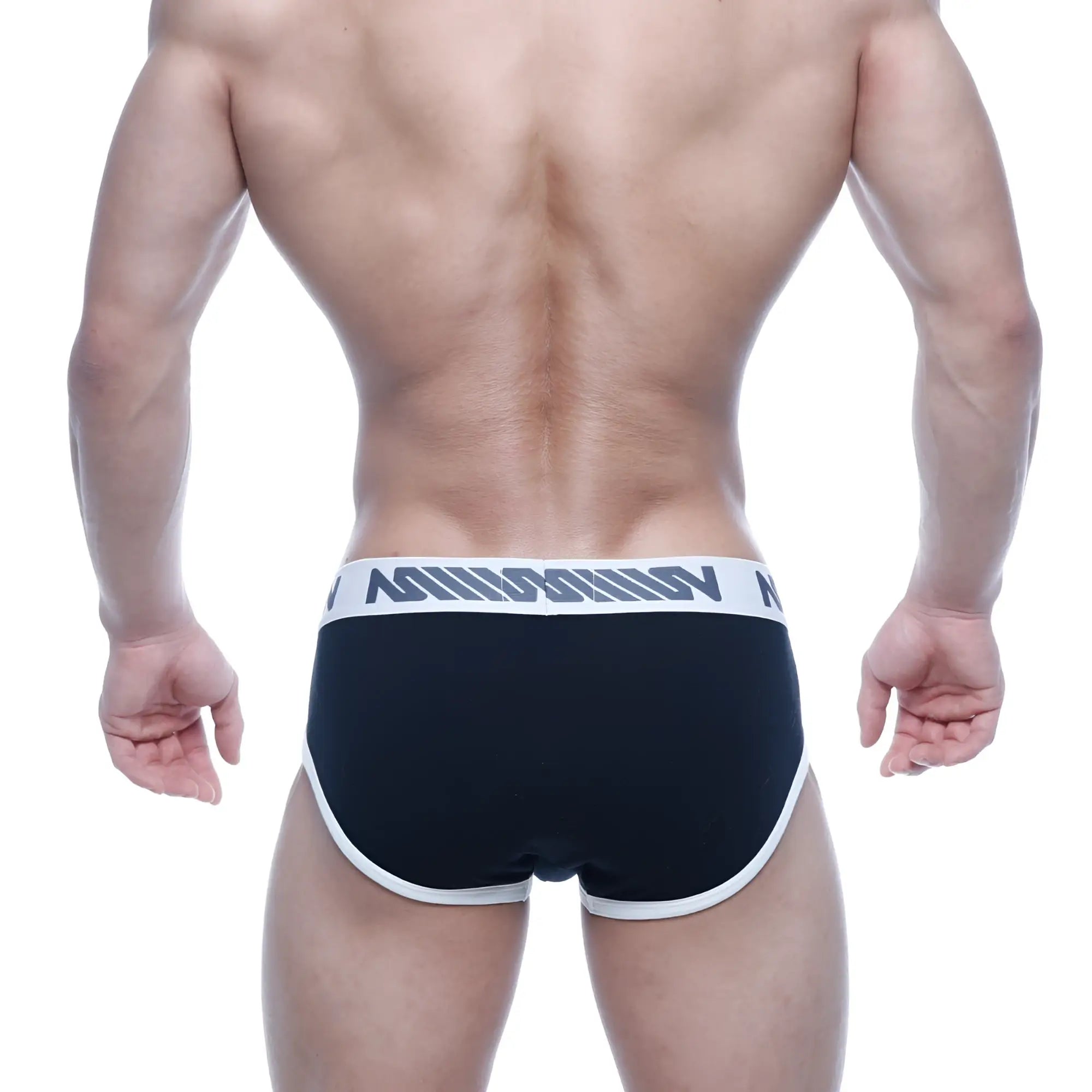 MetroMaleWear Punto hip brief black with white trim and gray logo band designed for comfortable daily wear