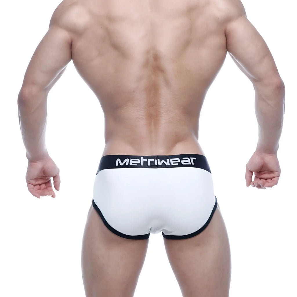 White metro male wear punto hip briefs with black trim and metrwear logo on waistband 5013-00