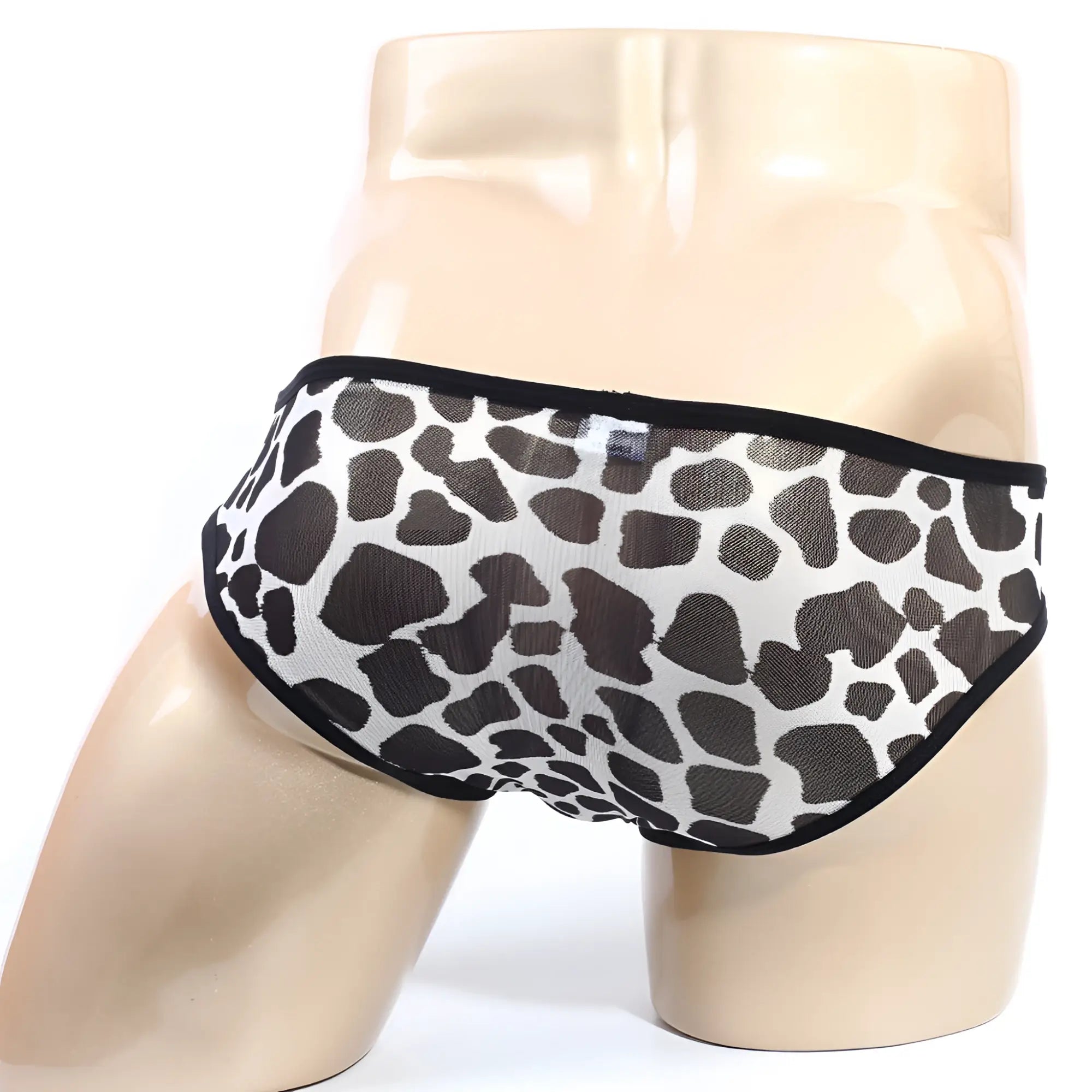 Black and white leopard print mesh briefs with black trim metroMalewear puppy bikini 6105-70 front view