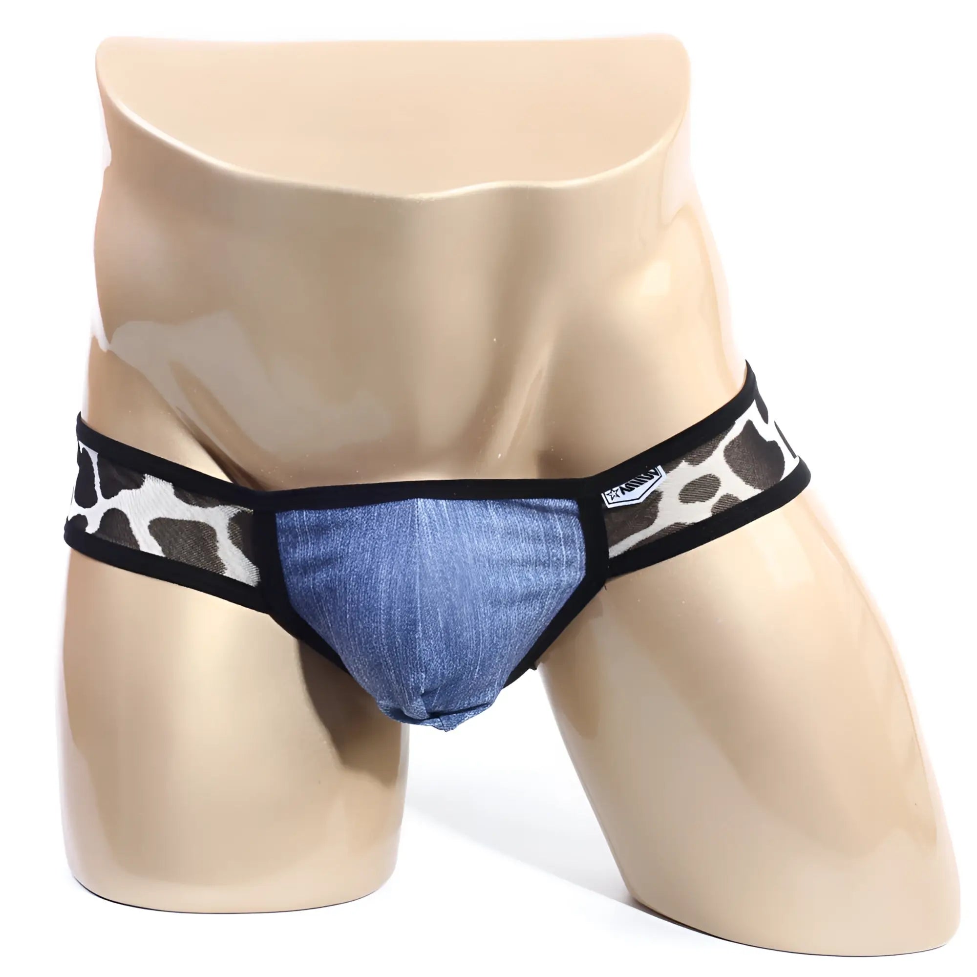 Blue denim men’s briefs with black and white leopard print side panels from MetroMaleWear puppy bikini 6105-70